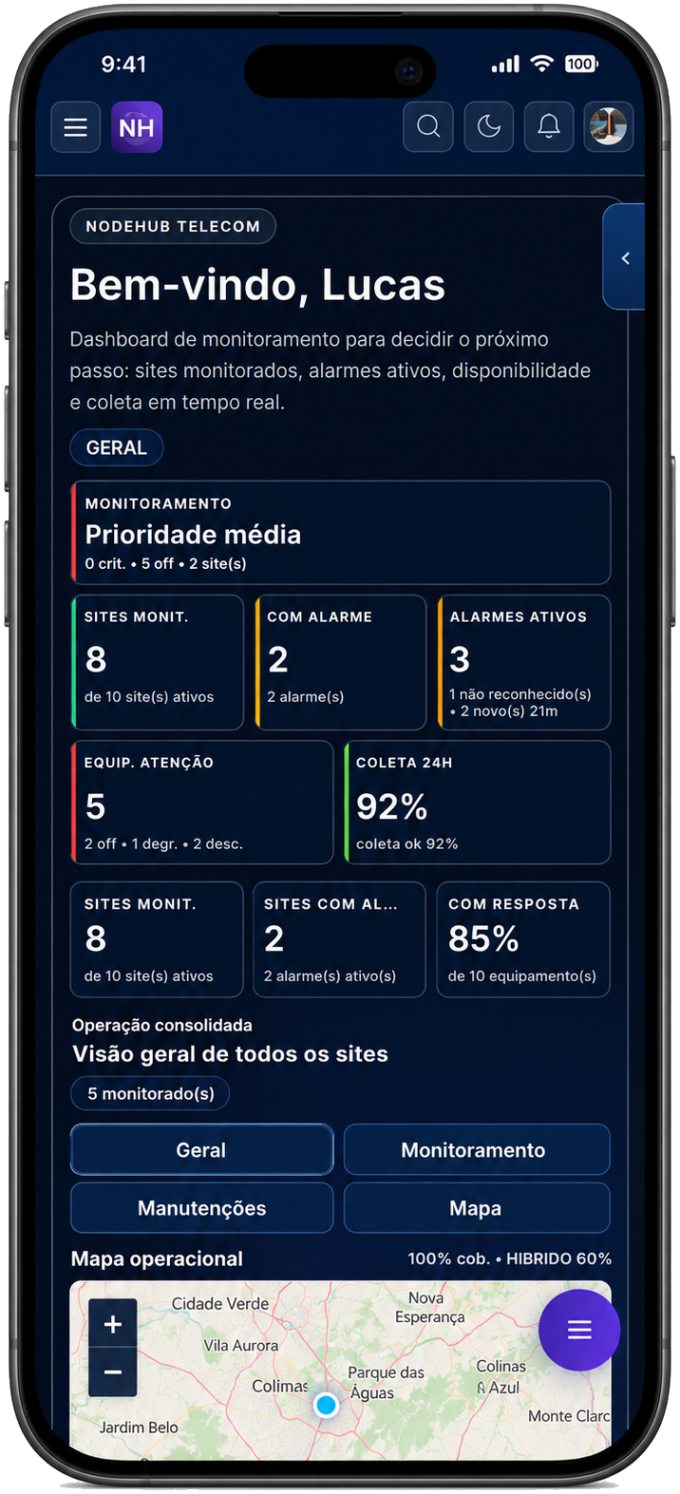 HUD principal do NodeHub em tela mobile